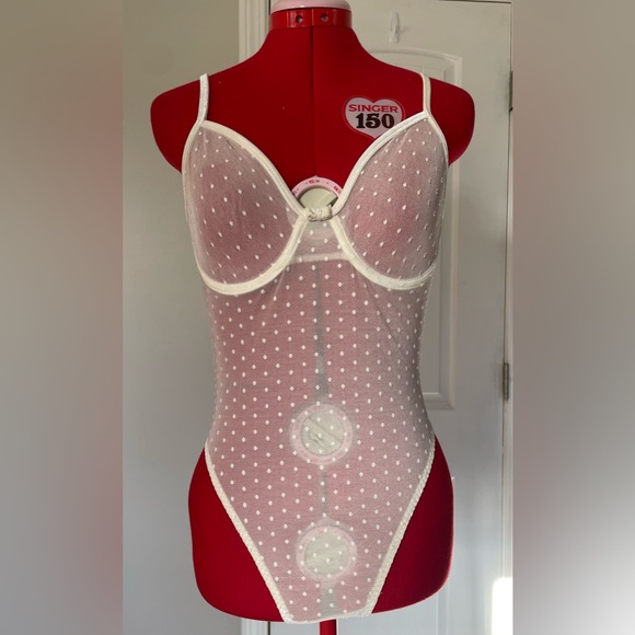 Vintage Tops - Vintage Marilyn Monroe By Warners Mesh Lingerie Bodysuit With Velvet Polka Dots